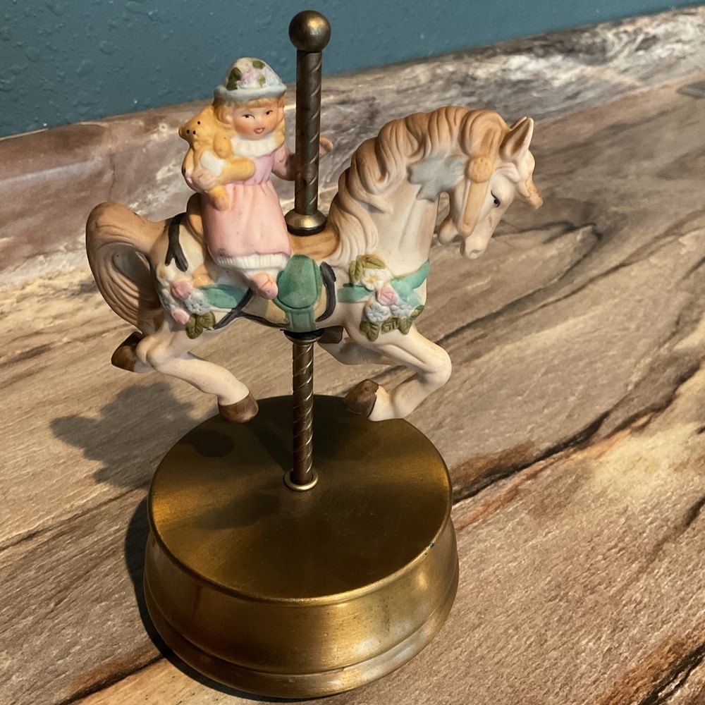 Vintage Ceramic Rotating Little Girl On Carousel Horse - Music Box